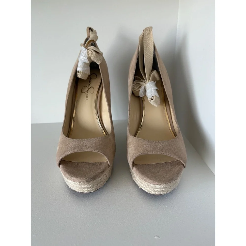Jessica Simpson Zavida Tan Faux Suede Espadrille Wedge Ankle Tie Sandals 11M
